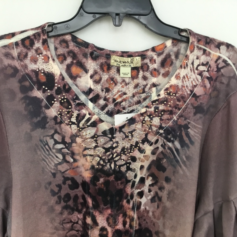 Top Women's One World L Large Gray Taupe Knit NWT - Picture 5 of 8